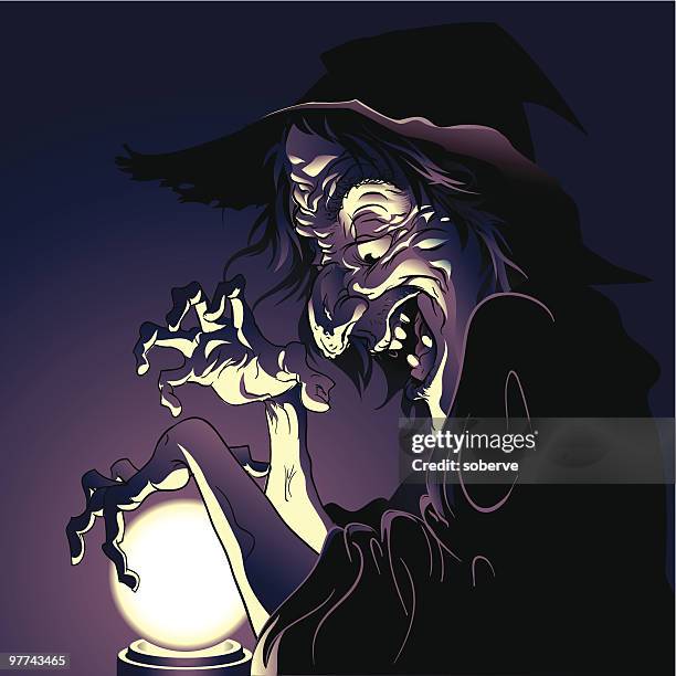 stockillustraties, clipart, cartoons en iconen met cartoon of an evil witch with a crystal ball - ugly witches