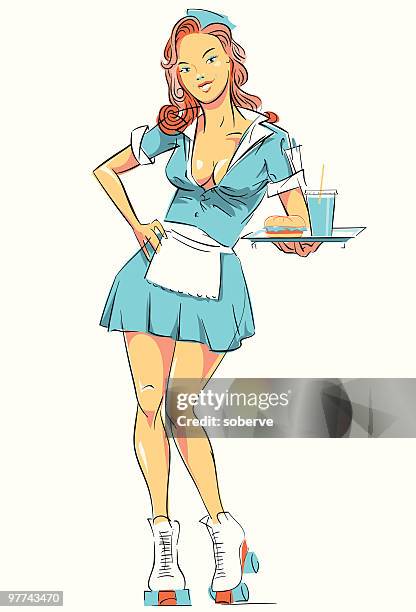 illustrazioni stock, clip art, cartoni animati e icone di tendenza di auto-hop ragazza - pin up waitress