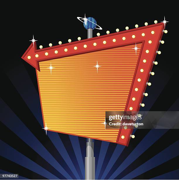 stockillustraties, clipart, cartoons en iconen met large blank marquee sign with red arrow and lights - las vegas sign