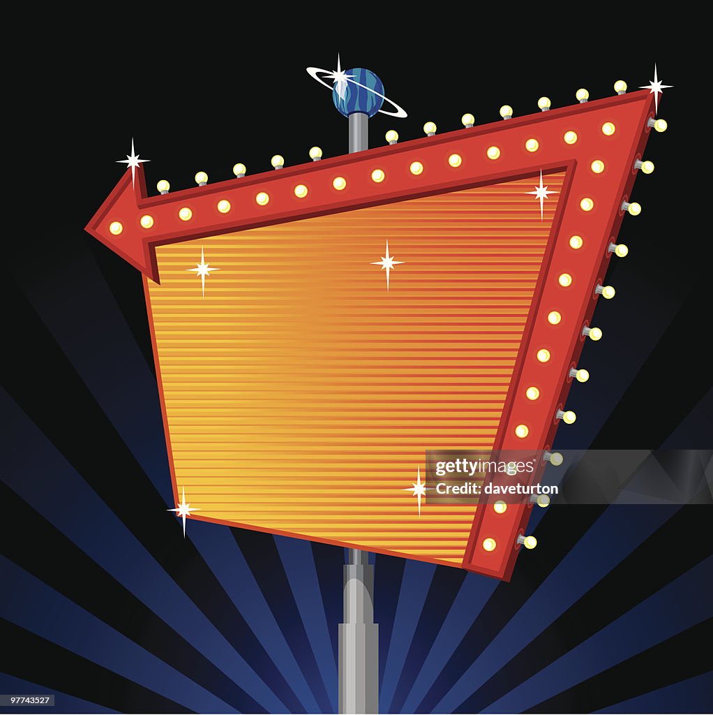 Large blank marquee sign with red arrow and lights