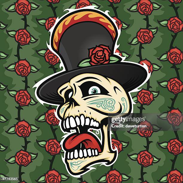 skull tattoo and rose pattern - gum leaves stock illustrations