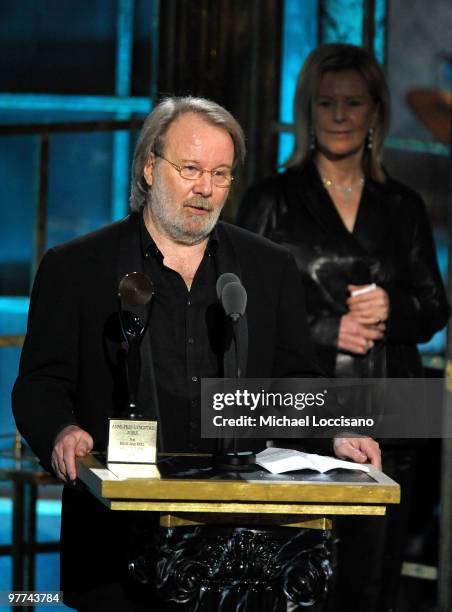 Musician Benny Andersson of ABBA speaks onstage at the 25th Annual Rock and Roll Hall of Fame Induction Ceremony at the Waldorf=Astoria on March 15,...