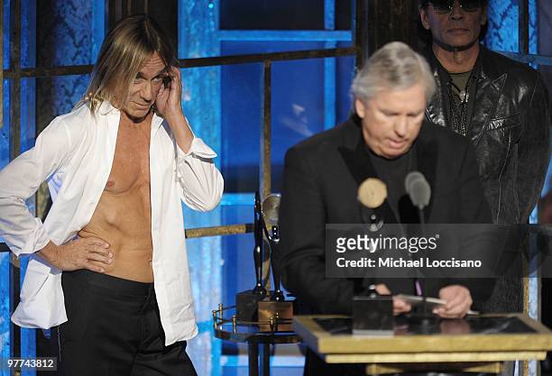 Inductees Iggy Pop and James Williamson of The Stooges speak onstage at the 25th Annual Rock And Roll Hall of Fame Induction Ceremony at the...