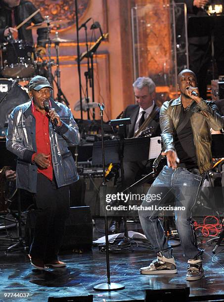 Inductee Jimmy Cliff and Wyclef Jean perform onstage at the 25th Annual Rock And Roll Hall of Fame Induction Ceremony at the Waldorf=Astoria on March...