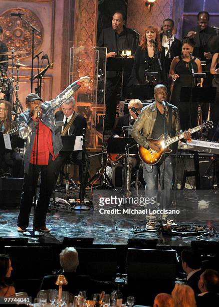 Inductee Jimmy Cliff and Wyclef Jean perform onstage at the 25th Annual Rock And Roll Hall of Fame Induction Ceremony at the Waldorf=Astoria on March...