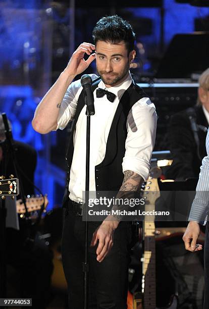 Musician Adam Levine of Maroon 5 speaks onstage at the 25th Annual Rock And Roll Hall of Fame Induction Ceremony at the Waldorf=Astoria on March 15,...