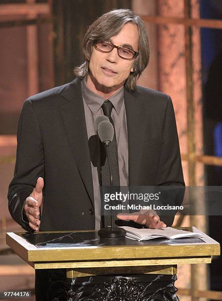 Musician Jackson Browne speaks onstage at the 25th Annual Rock And Roll Hall of Fame Induction Ceremony at the Waldorf=Astoria on March 15, 2010 in...