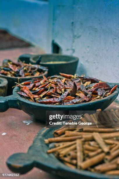 indian spices in bowls, kerala, south india, india - indian food bowls stock-fotos und bilder