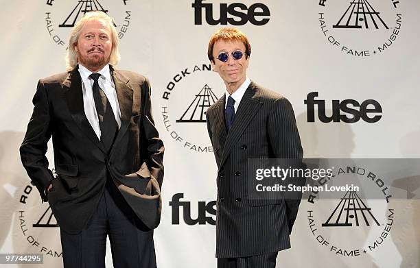 Musicians Barry Gibb and Robin Gibb of the Bee Gees attend the 25th Annual Rock And Roll Hall of Fame Induction Ceremony at the Waldorf=Astoria on...