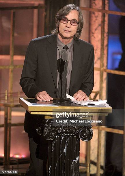 Musician Jackson Browne speaks onstage at the 25th Annual Rock and Roll Hall of Fame Induction Ceremony at the Waldorf=Astoria on March 15, 2010 in...