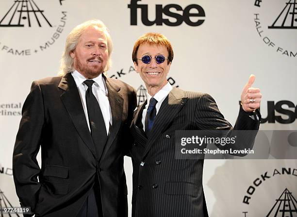 Musicians Barry Gibb and Robin Gibb of the Bee Gees attend the 25th Annual Rock And Roll Hall of Fame Induction Ceremony at the Waldorf=Astoria on...