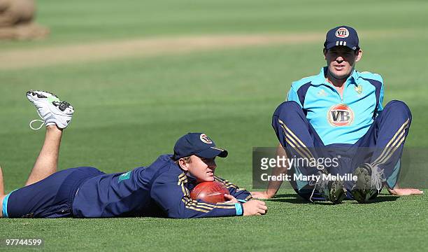 Clint McKay and Nathan Hauritz of Australia take a moment out during an Australian Training Session at Basin Reserve on March 16, 2010 in Wellington,...