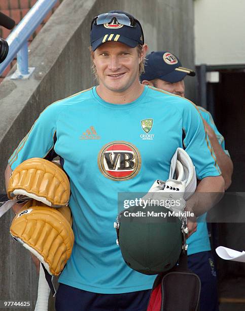 Shane Watson of Australia arrives during an Australian Training Session at Basin Reserve on March 16, 2010 in Wellington, New Zealand.