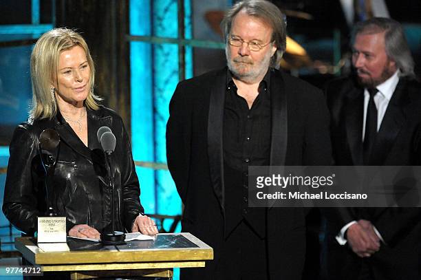 Inductees Anni-Frid Princessan Reuss and Benny Andersson of ABBA speak onstage at the 25th Annual Rock And Roll Hall of Fame Induction Ceremony at...