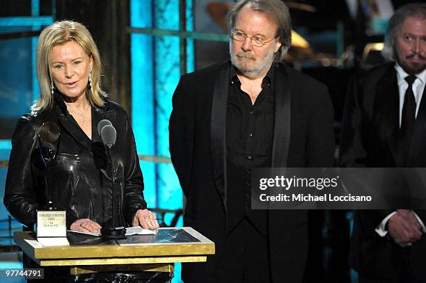 Inductees Anni-Frid Princessan Reuss and Benny Andersson of ABBA speak onstage at the 25th Annual Rock And Roll Hall of Fame Induction Ceremony at...