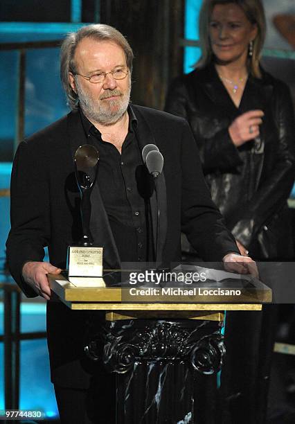 Inductee Benny Andersson of ABBA speaks onstage at the 25th Annual Rock And Roll Hall of Fame Induction Ceremony at the Waldorf=Astoria on March 15,...