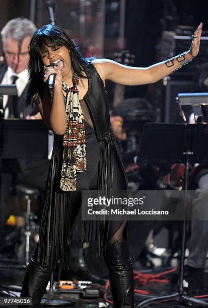 Musician Fefe Dobson onstage at the 25th Annual Rock And Roll Hall of Fame Induction Ceremony at the Waldorf=Astoria on March 15, 2010 in New York...