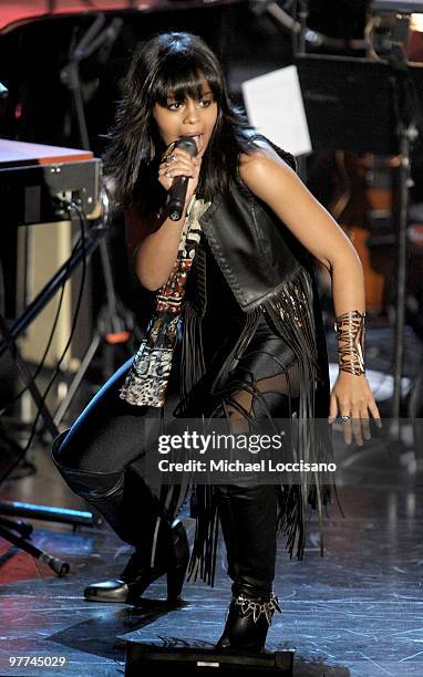 Musician Fefe Dobson onstage at the 25th Annual Rock And Roll Hall of Fame Induction Ceremony at the Waldorf=Astoria on March 15, 2010 in New York...