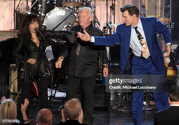 Ronnie Spector, Eric Burdon, and Chris Isaak onstage at the 25th Annual Rock And Roll Hall of Fame Induction Ceremony at the Waldorf=Astoria on March...