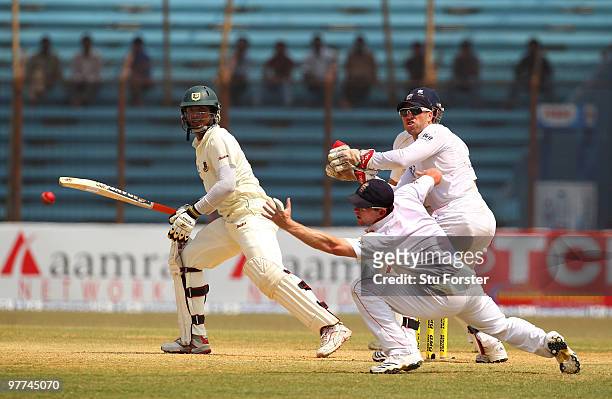England wicketkeeper Matt Prior looks on as Paul Collingwood fails to stop Bangladesh batsman Junaid Siddique scoring some runs during day five of...