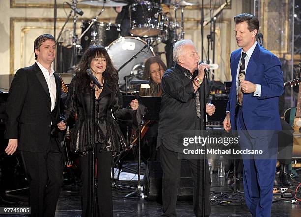 Rob Thomas, Ronnie Spector, Eric Burdon, and Chris Isaak onstage at the 25th Annual Rock And Roll Hall of Fame Induction Ceremony at the...