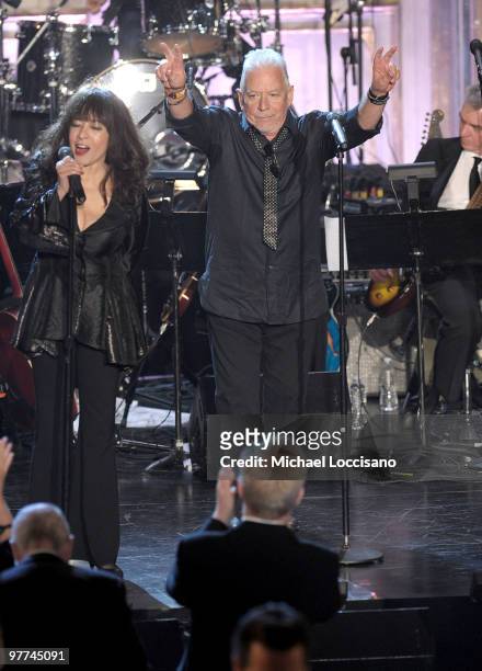 Ronnie Spector and Eric Burdon onstage at the 25th Annual Rock And Roll Hall of Fame Induction Ceremony at the Waldorf=Astoria on March 15, 2010 in...