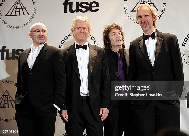 Inductees Phil Collins, Tony Banks, Steve Hackett and Mike Rutherford of Genesis attend the 25th Annual Rock And Roll Hall of Fame Induction Ceremony...