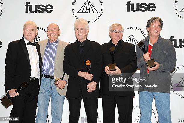Inductees Allan Clarke, Bernie Calvert, Graham Nash, Eric Haydock and Terry Sylvester of The Hollies attend the 25th Annual Rock And Roll Hall of...