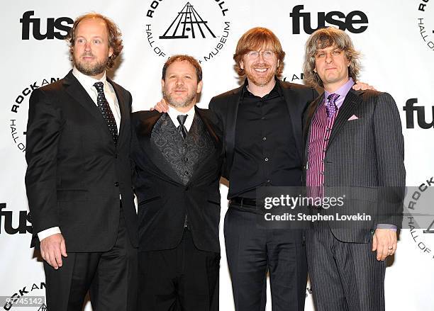 Musicians Page McConnell, Jon Fishman, Trey Anastasio and Mike Gordon of Phish attend the 25th Annual Rock And Roll Hall of Fame Induction Ceremony...