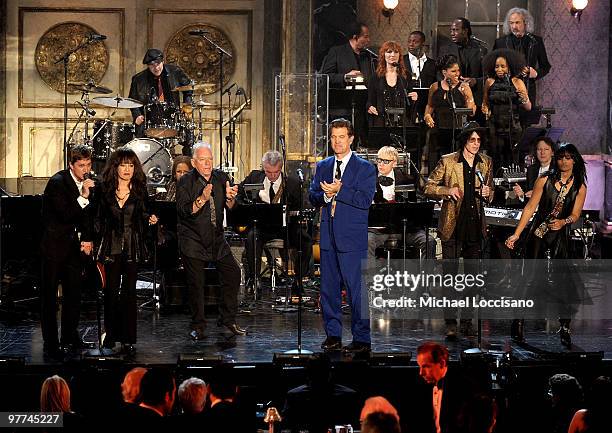 Rob Thomas, Ronnie Spector, Eric Burdon, Chris Isaak, Peter Wolf and Fefe Dobson onstage at the 25th Annual Rock And Roll Hall of Fame Induction...