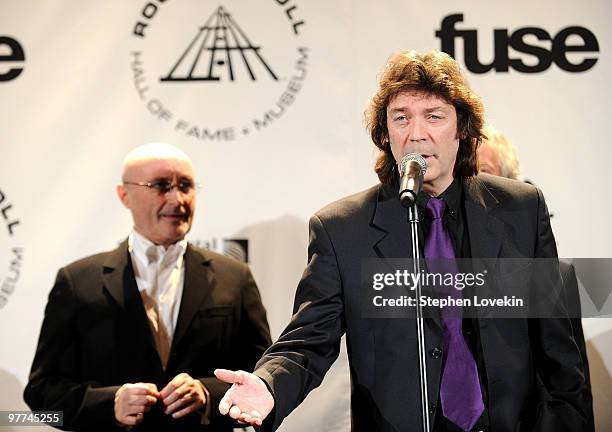 Inductee Phil Collins and Steve Hackett of Genesis attend the 25th Annual Rock And Roll Hall of Fame Induction Ceremony at the Waldorf=Astoria on...
