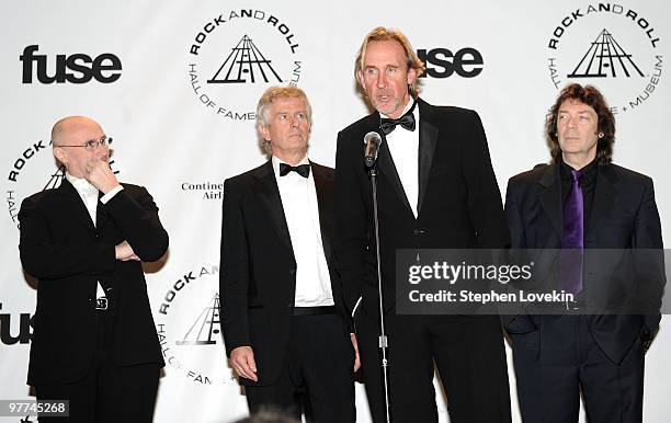 Inductees Phil Collins, Tony Banks, Mike Rutherford and Steve Hackett of Genesis attend the 25th Annual Rock And Roll Hall of Fame Induction Ceremony...