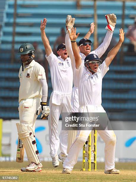 England wicketkeeper Matt Prior Paul Collingwood and Ian Bell appeal in vain for the wicket of Bangladesh batsman Junaid Siddique during day five of...