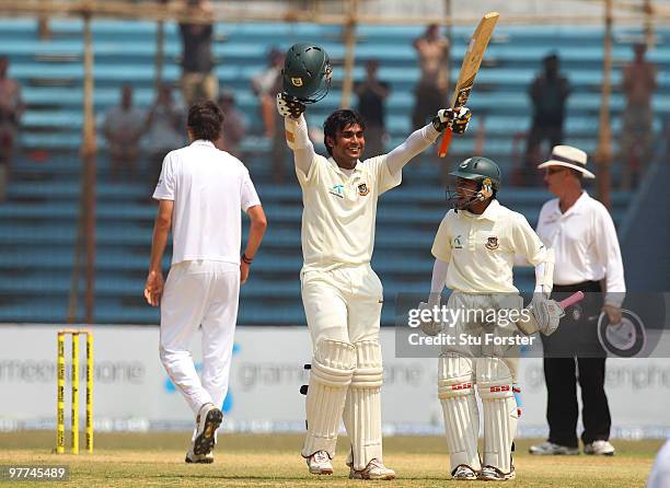 Bangladesh batsman Junaid Siddique celebrates his century with Mushfiqur Rahim during day five of the 1st Test match between Bangladesh and England...