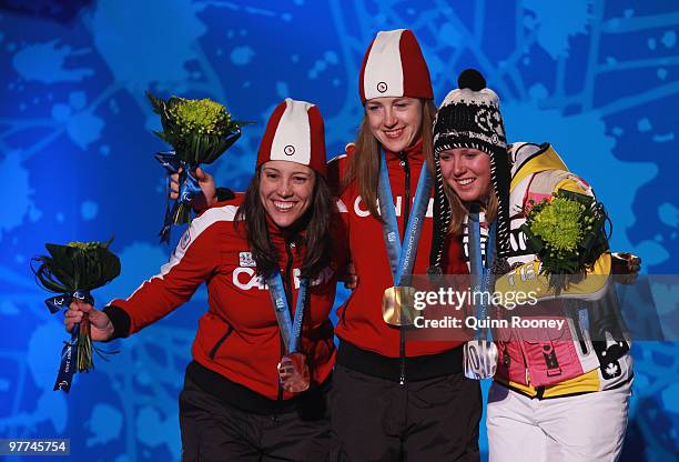 Silver medalist Andrea Rothfuss of Germany, gold medlaist Lauren Woolstencroft of Canada and bronze medalist Karolina Wisniewska of Canada pose...
