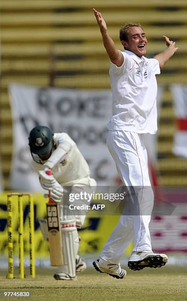 England cricketer Stuart Broad appeals unsuccessfully for a leg before wicket decision against Bangladeshi batsman Mushfiqur Rahim during the last...