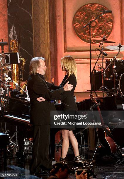 Musician Benny Andersson of ABBA and singer Faith Hill onstage at the 25th Annual Rock And Roll Hall of Fame Induction Ceremony at the...