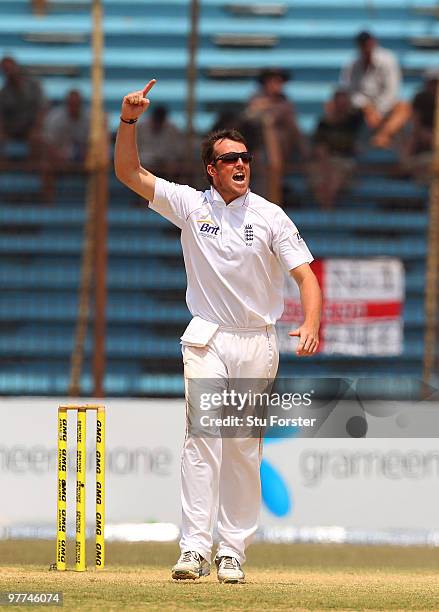 England bowler Graeme Swann celebrates after taking the wicket of Bangladesh batsman Junaid Siddique for 106 runs during day five of the 1st Test...