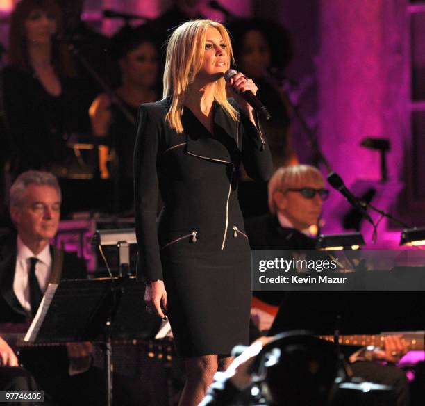 Benny Andersson of ABBA and Faith Hill on stage at the 25th Annual Rock and Roll Hall of Fame Induction Ceremony at The Waldorf=Astoria on March 15,...