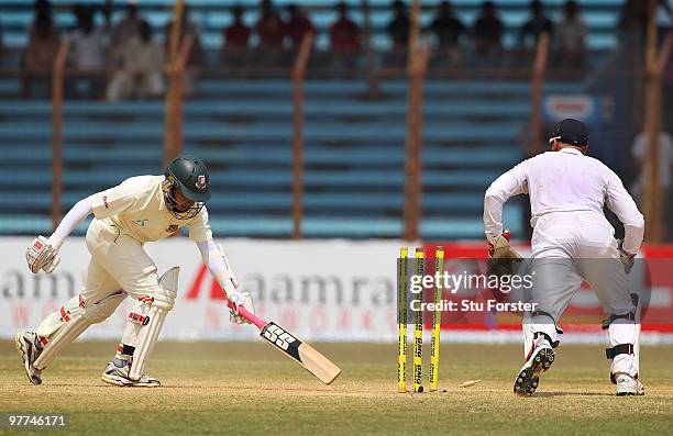 Bangladesh batsman Mushfiqur Rahim is bowled for 95 runs during day five of the 1st Test match between Bangladesh and England at Jahur Ahmed...