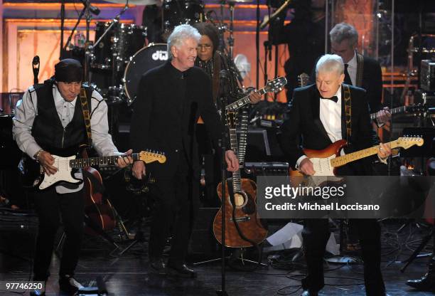 Musician Steven Van Zandt performs with inductees Graham Nash and Allan Clarke of the Hollies onstage at the 25th Annual Rock And Roll Hall of Fame...