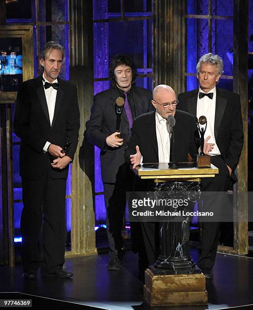 Inductee Phil Collins of Genesis speaks onstage at the 25th Annual Rock and Roll Hall of Fame Induction Ceremony at the Waldorf=Astoria on March 15,...