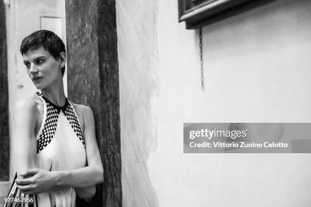 Saskia de Brauw seen backstage ahead of the Alberta Ferretti show during Milan Men's Fashion Week Spring/Summer 2019 on June 16, 2018 in Milan, Italy.