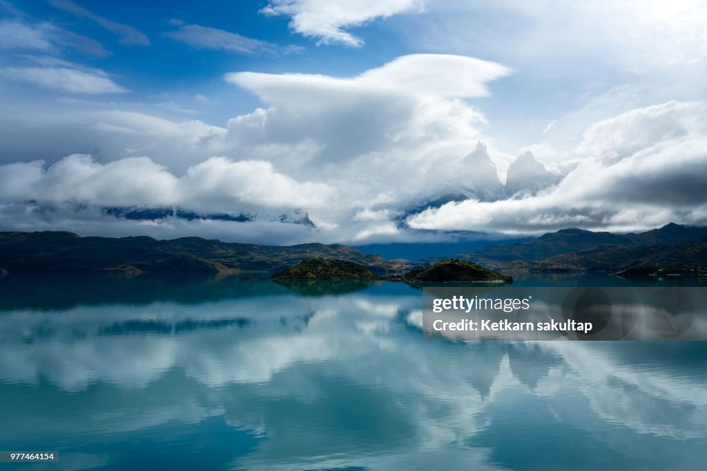 Torres del paine mountain range with reflection lake, patagonia, Chile.