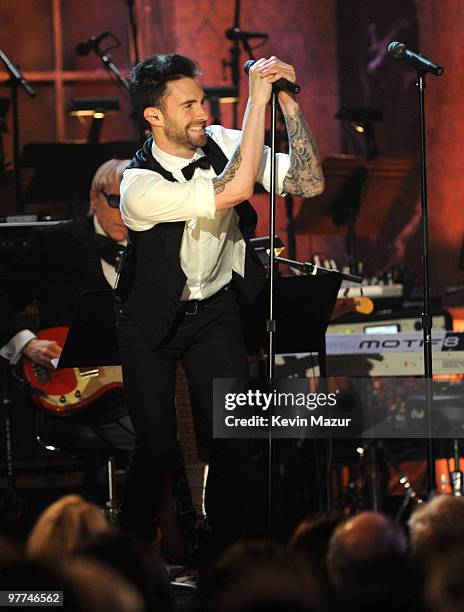 Graham Nash and Adam Levine perform on stage at the 25th Annual Rock and Roll Hall of Fame Induction Ceremony at The Waldorf=Astoria on March 15,...