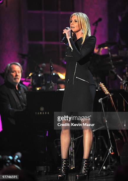 Benny Andersson of ABBA and Faith Hill perform on stage at the 25th Annual Rock and Roll Hall of Fame Induction Ceremony at The Waldorf=Astoria on...