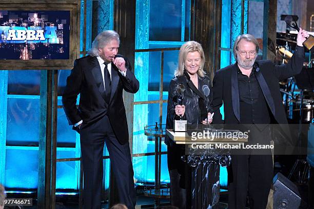 Musician Barry Gibb and inductees Anni-Frid Prinsessan Reuss and Benny Andersson of ABBA onstage at the 25th Annual Rock And Roll Hall of Fame...