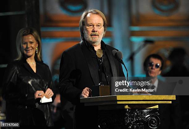 Anni-Frid Princessan Reuss and Benny Andersson of ABBA on stage at the 25th Annual Rock and Roll Hall of Fame Induction Ceremony at The...