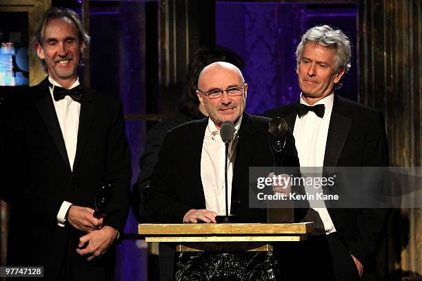 Inductees Mike Rutherford, Phil Collins and Tony Banks of Genesis speak onstage at the 25th Annual Rock and Roll Hall of Fame Induction Ceremony at...