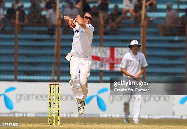 England bowler Graeme Swann in action during day five of the 1st Test match between Bangladesh and England at Jahur Ahmed Chowdhury Stadium on March...